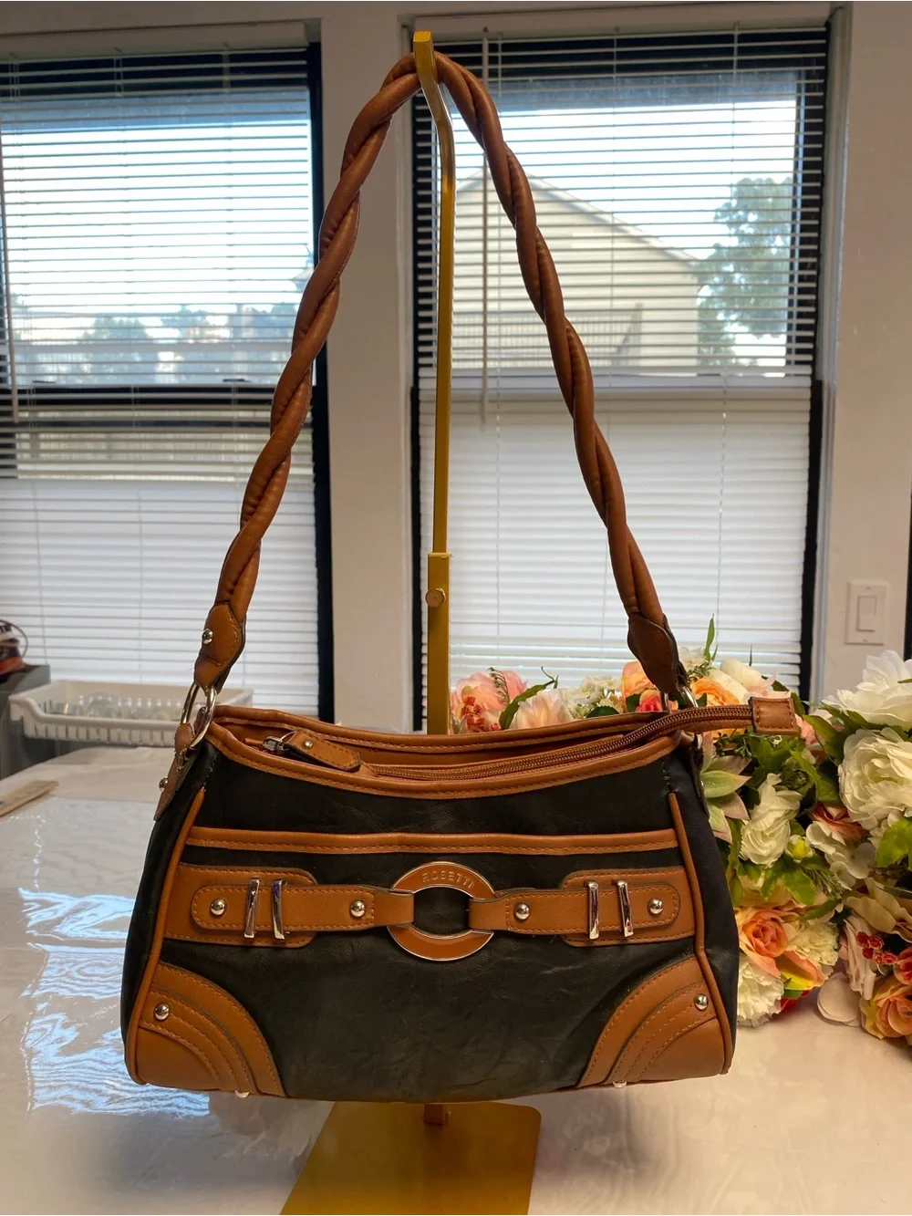 Rosetti Black Cognac Belted Hardware Hobo Satchel Shoulder Bag